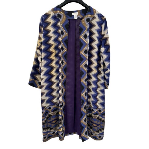 Chico's Artisan Duster Cardigan 2 Zigzag Aztec Print Beaded Statement Open L 14 - Picture 2 of 9